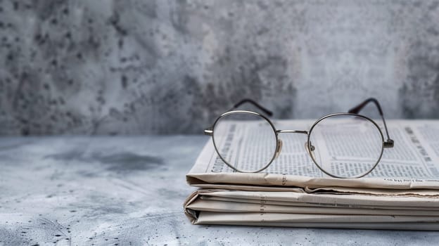 Round eyeglasses are resting on top of a stack of newspapers on a gray surface.