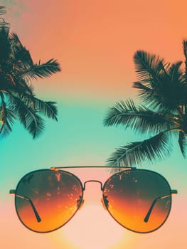 Sunglasses rest against a vibrant orange and teal sunset sky, with palm trees framing the edges of the image.