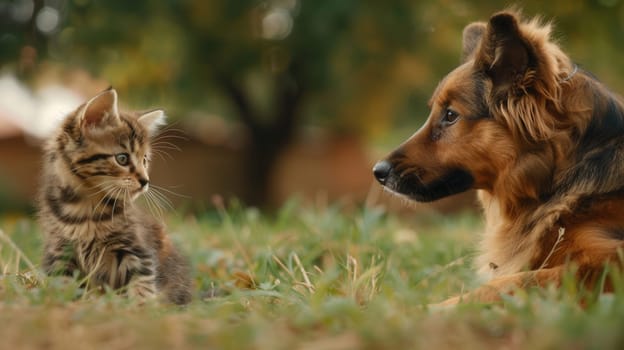 A tabby kitten sits on the ground, looking at a German Shepherd who is lying in the grass.