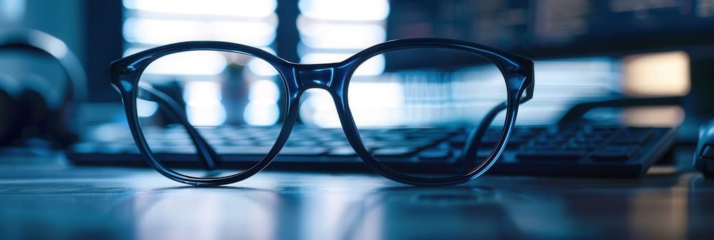 A pair of black rimmed eyeglasses sits on a desk in front of a keyboard, with a blurred background.