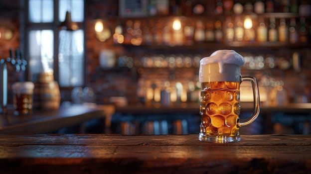 Golden ale in a beer mug with thick foam on wooden bar. Dimly lit pub with bottle shelves and tap system in background