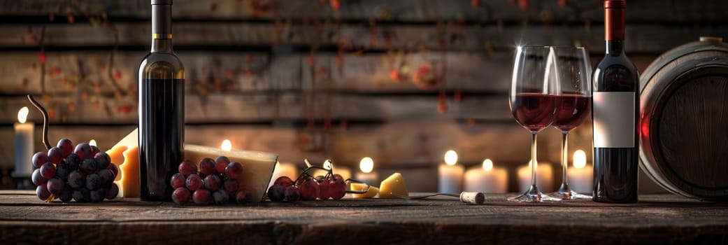 Two glasses of red wine, two bottles of wine, cheese, and grapes arranged on a wooden table, lit by candlelight in a wine cellar.