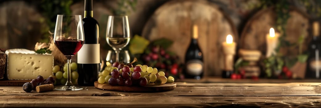 A still life of wine, cheese, and grapes on a rustic wooden table in a cozy setting with candles.
