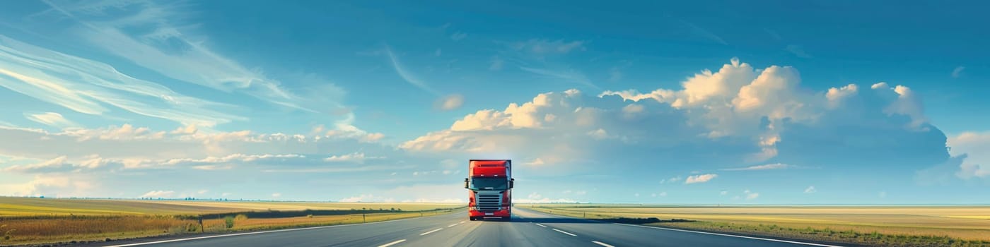 A red semi-truck drives down a highway on a sunny day. The sky is blue with fluffy white clouds, and the horizon is open and clear.