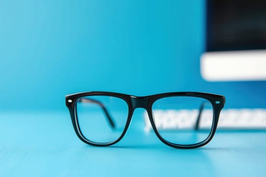 Black eyeglasses sit on a blue desk in front of a keyboard and a computer screen.
