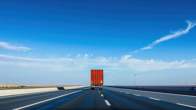 A semi-truck drives on a highway with a bright blue sky and white clouds.