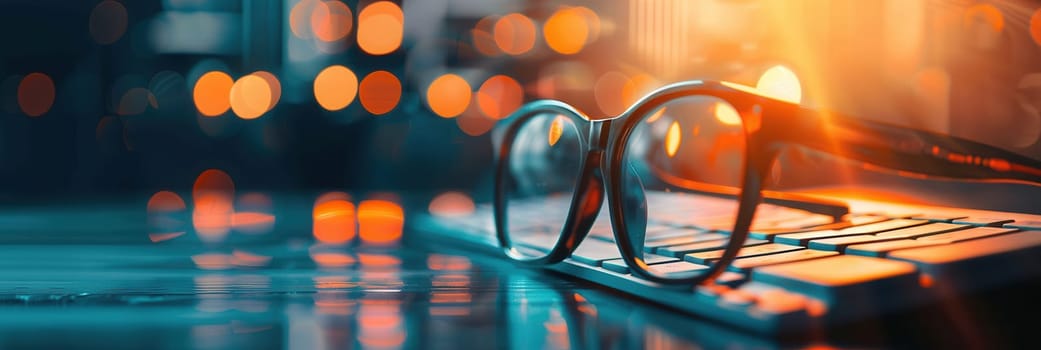 A pair of glasses rests on a computer keyboard, with a blurry background of city lights in the evening.