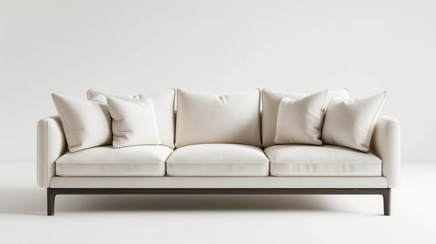 A white, three-seater sofa with dark wood legs sits in a white room. The sofa is adorned with five white throw pillows.