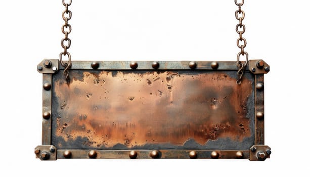 A metal sign hangs on chains against a white backdrop, creating a rustic atmosphere with a touch of elegance