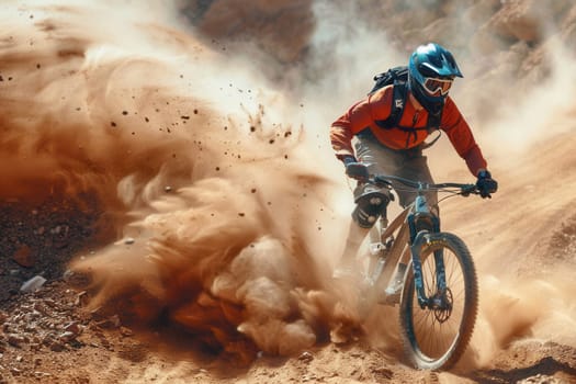 A professional cyclist rides an enduro trail bike through a dusty, rocky terrain, kicking up a cloud of dirt and dust as they navigate the challenging course.
