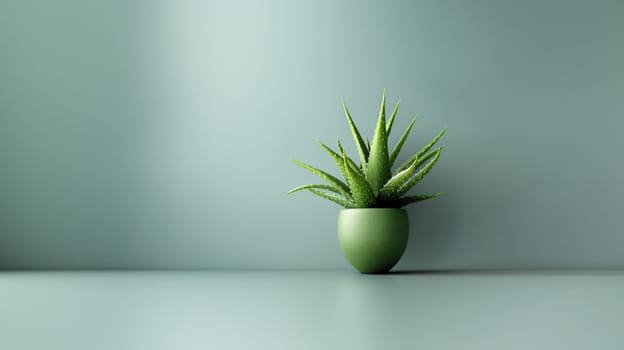 Indoor cactus plant in a pot. Side view on shelf against a white wall. Copy space.