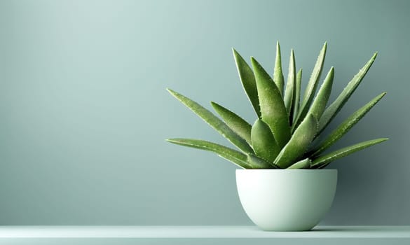 Indoor cactus plant in a pot. Side view on shelf against a white wall. Copy space.