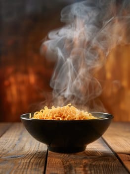 A steaming bowl of instant noodles sits on a wooden table, releasing fragrant steam that fills the air with a warm, inviting aroma.
