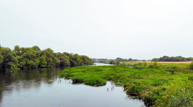 A calm river flows through a lush green landscape, surrounded by trees and vegetation.
