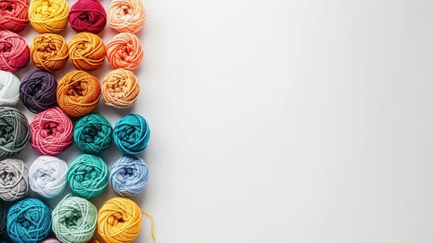A vibrant grid of neatly arranged yarn rolls rests on a white background, providing ample space for adding custom text.