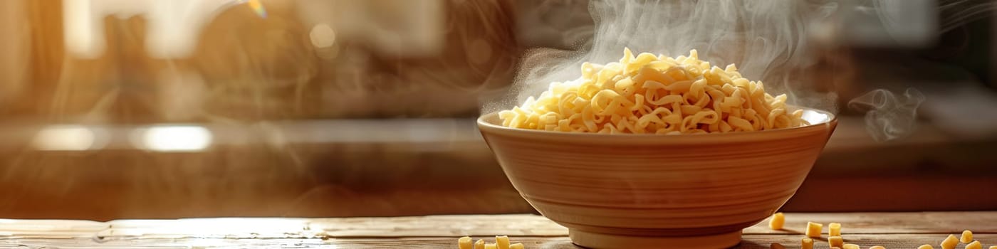 Steaming instant noodles fill a bowl, releasing warmth and inviting aromas while resting on a wooden table in a cozy atmosphere.