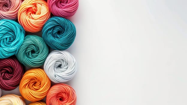 A vibrant assortment of yarn rolls is neatly arranged in a grid formation, set against a clean white background ideal for adding text or design elements.