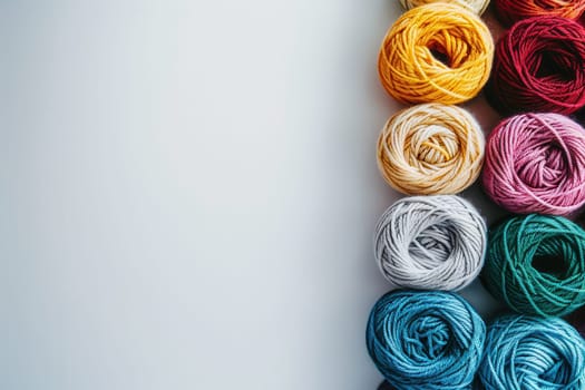 Vibrant yarn rolls neatly arranged in a grid on a white background, offering ample space for text placement and creative ideas for crafting enthusiasts.