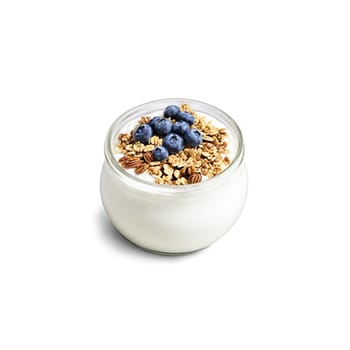 Greek yogurt in a glass jar layered with fresh blueberries and crunchy granola Culinary and. Food isolated on transparent background