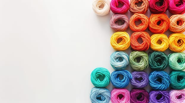 A vibrant collection of yarn rolls displayed in a grid on a white background, providing ample space for adding custom text or creative designs.