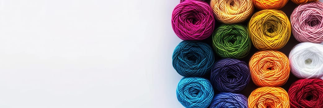 A vibrant arrangement of yarn rolls in various colors is displayed, offering ample space for text placement and creativity.