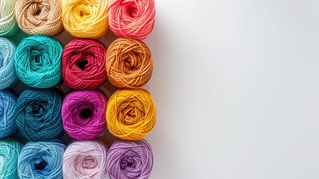 A vibrant display of yarn rolls in a grid layout, inviting creativity with ample space for adding personalized text or designs.