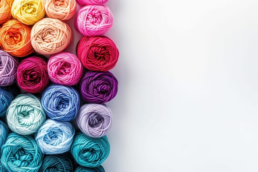 A vibrant collection of yarn rolls is neatly organized, providing ample space for adding personalized text or artistic designs.