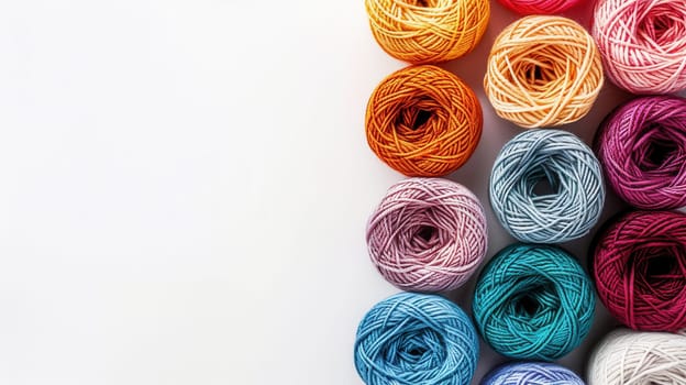 A vibrant grid of colorful yarn rolls sits on a clean white background, providing ample space for creative text overlays and design elements.