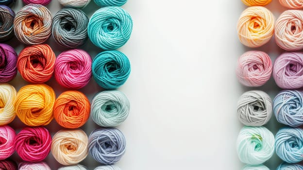 Brightly colored yarn rolls are organized in a grid, providing a creative backdrop with ample space for crafting text and designs.
