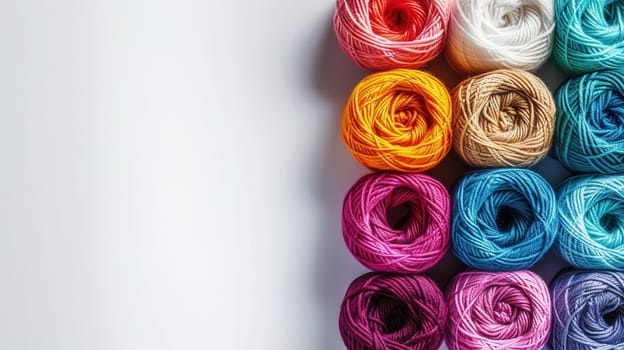 Colorful yarn rolls are neatly arranged in a grid on a white background, offering space for creative text or graphics to enhance any design project.