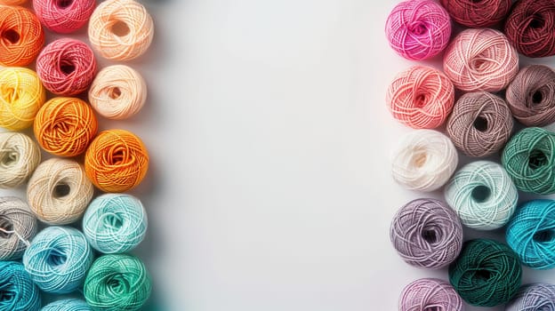 A vibrant grid of yarn rolls showcases various colors against a white background, creating space for creative textile designs and projects.