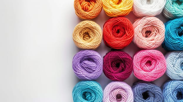 Vibrant yarn rolls are neatly arranged in a grid on a white background, offering a perfect palette for various creative projects.