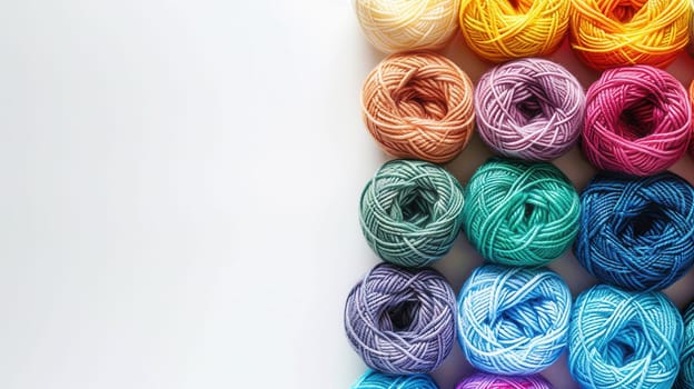 Colorful yarn rolls are organized in a neat grid on a white background, leaving space for creative text or design elements.