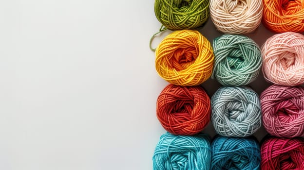 Brightly colored yarn rolls are neatly arranged in a grid on a white surface, providing a vibrant backdrop for creative projects and text placement.
