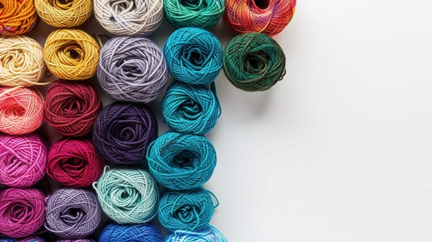 A vibrant collection of yarn rolls arranged neatly on a white background, providing ample space for additional text or creative designs.
