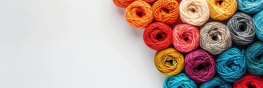 A vibrant grid of yarn rolls in various colors sits against a clean white background, inviting creativity and textile projects.