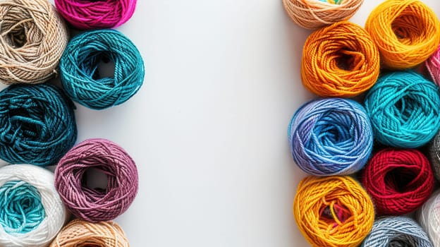 Vibrant yarn rolls are neatly arranged on a white background, providing a creative backdrop with ample space for text or additional design elements.