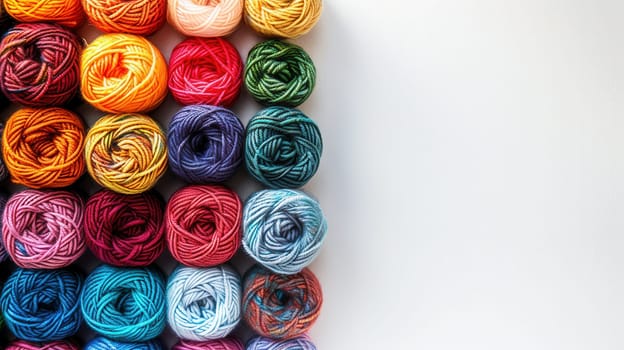 A vibrant assortment of yarn rolls arranged neatly, showcasing a variety of colors against a clean white background, allowing space for text.