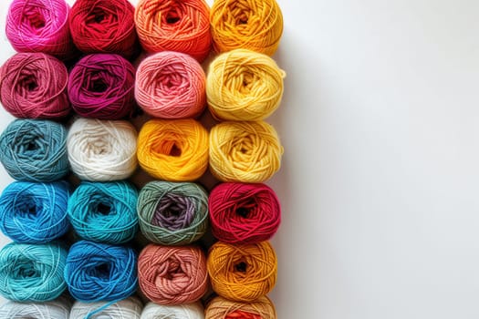 A vibrant collection of yarn rolls neatly organized in a grid formation, set against a clean white background, perfect for creative inspiration.