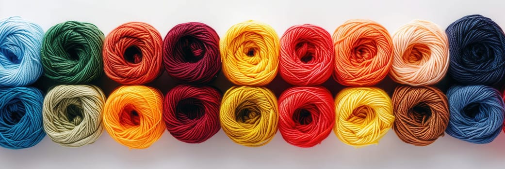 A vibrant assortment of neatly arranged yarn rolls showcases various colors against a clean white backdrop, ideal for crafting inspiration and text.
