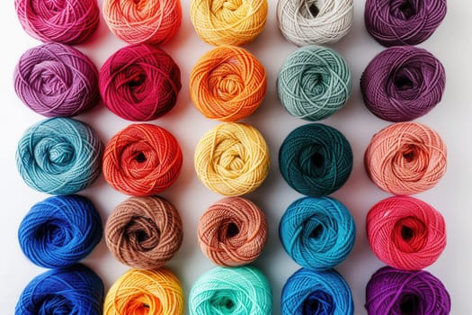 Brightly colored yarn rolls are neatly arranged in a grid formation against a white background, providing ample space for text and creative inspiration.