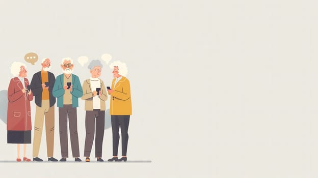 A group of elderly individuals is conversing and using their smartphones, enjoying a lively moment together in a warm atmosphere.