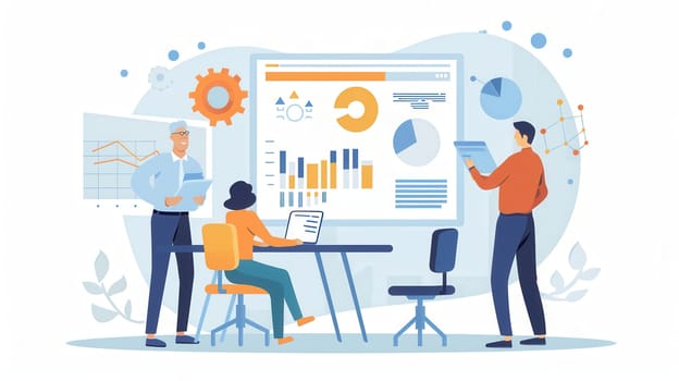 Elderly people work together, analyzing data presentations and discussing insights in a collaborative workspace during an afternoon meeting.