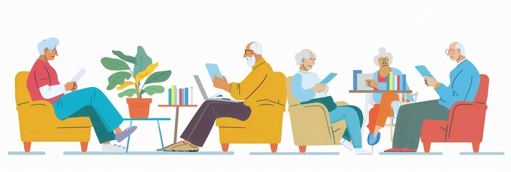 Elderly individuals relax and read, enjoying a peaceful morning in a cozy community area with plants and shelves filled with books.