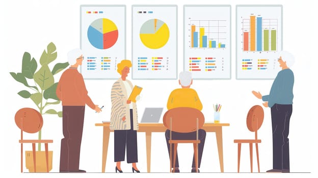 A group of elderly people collaborates around a table, discussing charts and graphs displayed on the wall in a bright and welcoming meeting space.