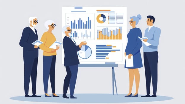 A group of elderly people discusses data insights presented on a board, sharing ideas and engaging in conversation during a community gathering.