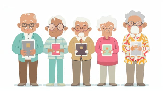 A group of elderly individuals stands together, holding tablets and smiling while sharing their excitement for technology in a vibrant community setting.