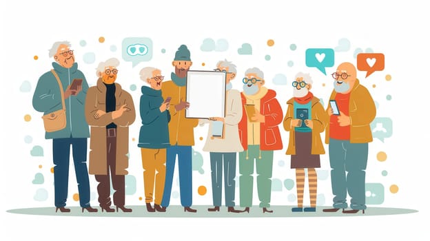 A group of elderly individuals enjoys socializing while using smartphones and tablets in a lively community environment.