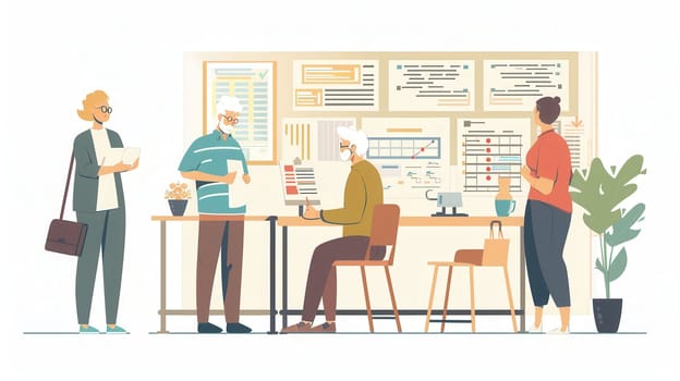 A group of elderly individuals collaborates on a project, exchanging ideas and enjoying each other's company in a vibrant community space.