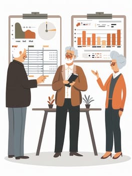 Three elderly individuals collaborate and discuss data insights while standing around a table in a contemporary meeting space.